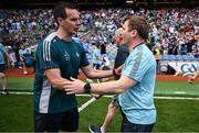 21 June 2025; Dublin manager Niall Ó Ceallacháin, right, shakes hands with Limerick selector Paul Kinnerk after the GAA Hurling All-Ireland Senior Championship quarter-final match between Dublin and Limerick at Croke Park in Dublin. Photo by Ramsey Cardy/Sportsfile