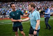 21 June 2025; Dublin manager Niall Ó Ceallacháin, right, shakes hands with Limerick selector Paul Kinnerk after the GAA Hurling All-Ireland Senior Championship quarter-final match between Dublin and Limerick at Croke Park in Dublin. Photo by Ramsey Cardy/Sportsfile