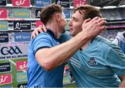 21 June 2025; Dublin manager Niall Ó Ceallacháin, right, with man of the match Conor Burke after the GAA Hurling All-Ireland Senior Championship quarter-final match between Dublin and Limerick at Croke Park in Dublin. Photo by Ramsey Cardy/Sportsfile