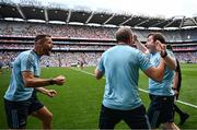 21 June 2025; Dublin manager Niall Ó Ceallacháin, right, celebrates with selectors David Curtin, left, and Donal McGovern after the GAA Hurling All-Ireland Senior Championship quarter-final match between Dublin and Limerick at Croke Park in Dublin. Photo by Ramsey Cardy/Sportsfile