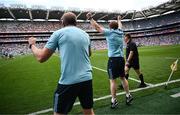 21 June 2025; Dublin manager Niall Ó Ceallacháin, right, reacts at the final whistle of the GAA Hurling All-Ireland Senior Championship quarter-final match between Dublin and Limerick at Croke Park in Dublin. Photo by Ramsey Cardy/Sportsfile