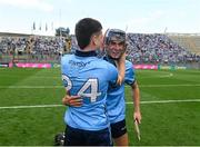21 June 2025; James Madden, left, and Brian Hayes of Dublin celebrate after the GAA Hurling All-Ireland Senior Championship quarter-final match between Dublin and Limerick at Croke Park in Dublin. Photo by Daire Brennan/Sportsfile