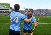 21 June 2025; James Madden, left, and Brian Hayes of Dublin celebrate after the GAA Hurling All-Ireland Senior Championship quarter-final match between Dublin and Limerick at Croke Park in Dublin. Photo by Daire Brennan/Sportsfile