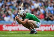 21 June 2025; Aaron Gillane of Limerick reacts after his shot was saved by Dublin goalkeeper Sean Brennan during the GAA Hurling All-Ireland Senior Championship quarter-final match between Dublin and Limerick at Croke Park in Dublin. Photo by Daire Brennan/Sportsfile
