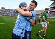 21 June 2025; James Madden and Brian Hayes of Dublin celebrate after the GAA Hurling All-Ireland Senior Championship quarter-final match between Dublin and Limerick at Croke Park in Dublin. Photo by Daire Brennan/Sportsfile