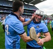 21 June 2025; James Madden, left, and Brian Hayes of Dublin celebrate after the GAA Hurling All-Ireland Senior Championship quarter-final match between Dublin and Limerick at Croke Park in Dublin. Photo by Daire Brennan/Sportsfile