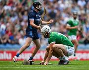 21 June 2025; Aaron Gillane of Limerick reacts after his shot was saved by Dublin goalkeeper Sean Brennan during the GAA Hurling All-Ireland Senior Championship quarter-final match between Dublin and Limerick at Croke Park in Dublin. Photo by Daire Brennan/Sportsfile
