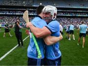 21 June 2025; James Madden, left, and Brian Hayes of Dublin celebrate after the GAA Hurling All-Ireland Senior Championship quarter-final match between Dublin and Limerick at Croke Park in Dublin. Photo by Daire Brennan/Sportsfile