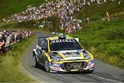 21 June 2025; Josh Moffett and Andy Hayes compete in their Hyundai Rally 2 during day two of the Wilton Recycling Donegal International Rally at Letterkenny in Donegal. Photo by Philip Fitzpatrick/Sportsfile