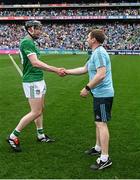 21 June 2025; Dublin manager Niall Ó Ceallacháin shakes hands with Declan Hannon of Limerick after the GAA Hurling All-Ireland Senior Championship quarter-final match between Dublin and Limerick at Croke Park in Dublin. Photo by Daire Brennan/Sportsfile