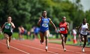 21 June 2025; Destiny Lawal of Castletroy College, representing Munster, centre, on her way to winning the women's 100m during the 123.ie Irish Schools Athletics Association Tailteann Games at SETU Campus in Carlow. Photo by Sam Barnes/Sportsfile