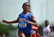 21 June 2025; Destiny Lawal of Castletroy College, representing Munster, on her way to winning the women's 100m during the 123.ie Irish Schools Athletics Association Tailteann Games at SETU Campus in Carlow. Photo by Sam Barnes/Sportsfile
