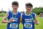21 June 2025; Brothers Isaac Vickers of St Brendan's Killarney, left, and Ryan Vickers of St Brendan's Killarney, both representing Munster, after winning gold and silver respectively in the boys 800m during the 123.ie Irish Schools Athletics Association Tailteann Games at SETU Campus in Carlow. Photo by Sam Barnes/Sportsfile