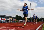 21 June 2025; Isaac Vickers of St Brendan's Killarney, representing Munster, celebrates winning the boys 800m  during the 123.ie Irish Schools Athletics Association Tailteann Games at SETU Campus in Carlow. Photo by Sam Barnes/Sportsfile