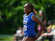 21 June 2025; Destiny Lawal of Castletroy College, representing Munster, celebrates after winning the women's 100m during the 123.ie Irish Schools Athletics Association Tailteann Games at SETU Campus in Carlow. Photo by Sam Barnes/Sportsfile