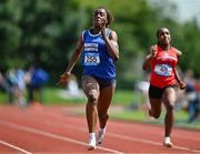 21 June 2025; Destiny Lawal of Castletroy College, representing Munster, on her way to winning the women's 100m during the 123.ie Irish Schools Athletics Association Tailteann Games at SETU Campus in Carlow. Photo by Sam Barnes/Sportsfile
