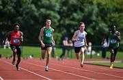 21 June 2025; Athletes, from left, Philip Offorjama of Athlone Community College, representing Connacht, Matias Qaglia of Kilkenny College, representing Leinster, Harry Mcllwaine of Royal and Prior Raphoe, representing Ulster, and Christopher Olatunde of Dunshaughlin CC, representing Leinster, compete in the boys 100m during the 123.ie Irish Schools Athletics Association Tailteann Games at SETU Campus in Carlow. Photo by Sam Barnes/Sportsfile