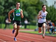 21 June 2025; Matias Qaglia of Kilkenny College, representing Leinster, left, and Harry Mcllwaine of Royal and Prior Raphoe, representing Ulster, right, compete in the boys 100m during the 123.ie Irish Schools Athletics Association Tailteann Games at SETU Campus in Carlow. Photo by Sam Barnes/Sportsfile