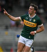 21 June 2025; David Clifford of Kerry celebrates after scoring his side's second goal during the GAA Football All-Ireland Senior Championship preliminary quarter-final match between Kerry and Cavan at Fitzgerald Stadium in Killarney, Kerry. Photo by Brendan Moran/Sportsfile