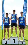 21 June 2025; Boy's 800m medallists, Isaac Vickers of St Brendan's Killarney, representing Munster, centre, gold, Ryan Vickers of St Brendan's Killarney, representing Munster, left, silver, and Daniel Golden of Coachforc College, representing Munster, right, bronze, during the 123.ie Irish Schools Athletics Association Tailteann Games at SETU Campus in Carlow. Photo by Sam Barnes/Sportsfile