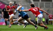 21 June 2025; Paddy Small of Dublin in action against Neil Lordan of Cork during the GAA Football All-Ireland Senior Championship preliminary quarter-final match between Dublin and Cork at Croke Park in Dublin. Photo by Daire Brennan/Sportsfile