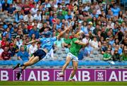 21 June 2025; Adam English of Limerick in action against Brian Hayes of Dublin during the GAA Hurling All-Ireland Senior Championship quarter-final match between Dublin and Limerick at Croke Park in Dublin. Photo by Daire Brennan/Sportsfile