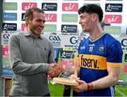 21 June 2025; Andrew Ormond of Tipperary is presented with the Bord Gáis Energy Man of the Match Award by Damien Crilly, Bord Gáis Energy, after the GAA Hurling All-Ireland Senior Championship quarter-final match between Galway and Tipperary at TUS Gaelic Grounds in Limerick. Photo by Ray McManus/Sportsfile