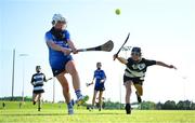 21 June 2025; Leah Griffin of Kilmaley in action against Bearbhail Forde of Turloughmore during the Camogie Division 1 Final match between Turloughmore and Kilmaley during the John West Féile na nGael Camogie and Hurling National Finals at Halo Tiles Wexford GAA Centre of Excellence in Ferns, Wexford. Photo by Shauna Clinton/Sportsfile