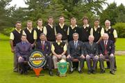 17 September 2004; Pictured at the presentation of the Bulmers Junior Cup at Shannon Golf Club, Shannon, Co. Clare, the winning Lucan G.C. team, who beat Portstewart in the final. Back row (left to right): Mervyn Eager, Christy Fitzgerald, Emmet Condron, Alan Madden, John Kelly, Mark Clifford, Martin Downes, Martin O'Toole and Ollie Tutty. Front row (left to right): Stephen Kent, Marketing Manager, Bulmers; Noel Keane, Captain; Frank Shortt, Team Captain; Lindsey Shanks, President Elect, Golfing Union of Ireland, Bernie Hynes, Chairman, Munster Branch, GUI and Sean Walsh, President, Lucan G.C.  Bulmers Junior Cup Semi-Final, Bandon v Lucan, Shannon Golf Club, Shannon, Co. Clare. Picture credit; Ray McManus / SPORTSFILE