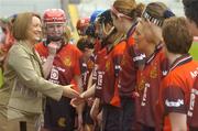 19 September 2004; President of the Camogie Assoiciation Miriam O'Connell meets the Down team before the game. All-Ireland Junior Camogie Championship Final, Cork v Down, Croke Park, Dublin. Picture credit; Pat Murphy / SPORTSFILE