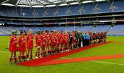 19 September 2004; The Cork and Down teams await the arrival of Miriam O'Connell, President of the Camogie Association. All-Ireland Junior Camogie Championship Final, Cork v Down, Croke Park, Dublin. Picture credit; Ray McManus / SPORTSFILE