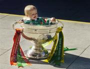 24 September 2004; Six and a half month old Ella May Whelan, wearing a Mayo jersey, at a photocall with the Sam Maguire Cup ahead of the Bank of Ireland Senior Football Championship final. Bank of Ireland Head Office, Baggot Street, Dublin. Picture credit; Ray McManus / SPORTSFILE
