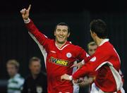 24 September 2004; Jason Byrne, Shelbourne, celebrates after scoring his sides first goal with team-mate Alan Cawley. eircom league, Premier Division, Shamrock Rovers v Shelbourne, Richmond Park, Dublin. Picture credit; David Maher / SPORTSFILE