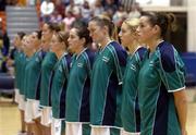 22 September 2004;The Irish team, including Kate Maher, right, stand for the national anthem. Women's European Basketball Championship, Qualifying round, Ireland v Estonia, University of Limerick, Limerick. Picture credit; Brendan Moran / SPORTSFILE