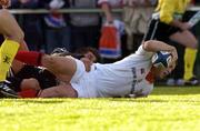 25 September 2004; Kevin Maggs, Ulster, goes over for a try against Neath / Swansea Ospreys despite the tackle of Gavin Henson. Celtic League 2004-2005, Ulster v Neath / Swansea Ospreys, Ravenhill, Belfast. Picture credit; Matt Browne / SPORTSFILE