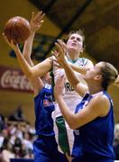 25 September 2004; Grainne Dwyer, Ireland, in action against Claudine Koch and Hristine Schaefers, right, Luxembourg. Women's European Basketball Championship, Qualifying round, Ireland v Luxembourg, National Basketball Arena, Tallaght, Dublin. Picture credit; Brendan Moran / SPORTSFILE