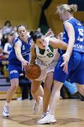 25 September 2004; Kate Maher, Ireland, in action against Claudine Kock, left, and Kaatje Claes, Luxembourg. Women's European Basketball Championship, Qualifying round, Ireland v Luxembourg, National Basketball Arena, Tallaght, Dublin. Picture credit; Brendan Moran / SPORTSFILE