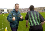 26 September 2004; Kerry manager Jack O'Connor celebrates at the final whistle after victory over Mayo. Bank of Ireland All-Ireland Senior Football Championship Final, Kerry v Mayo, Croke Park, Dublin. Picture credit; Brendan Moran / SPORTSFILE *** Local Caption *** Any photograph taken by SPORTSFILE during, or in connection with, the 2004 Bank of Ireland All-Ireland Senior Football Final which displays GAA logos or contains an image or part of an image of any GAA intellectual property, or, which contains images of a GAA player/players in their playing uniforms, may only be used for editorial and non-advertising purposes.  Use of photographs for advertising, as posters or for purchase separately is strictly prohibited unless prior written approval has been obtained from the Gaelic Athletic Association.