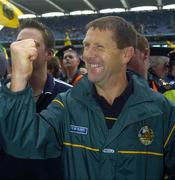 26 September 2004; Kerry manager Jack O'Connor celebrates after victory over Mayo. Bank of Ireland All-Ireland Senior Football Championship Final, Kerry v Mayo, Croke Park, Dublin. Picture credit; Damien Eagers / SPORTSFILE *** Local Caption *** Any photograph taken by SPORTSFILE during, or in connection with, the 2004 Bank of Ireland All-Ireland Senior Football Final which displays GAA logos or contains an image or part of an image of any GAA intellectual property, or, which contains images of a GAA player/players in their playing uniforms, may only be used for editorial and non-advertising purposes.  Use of photographs for advertising, as posters or for purchase separately is strictly prohibited unless prior written approval has been obtained from the Gaelic Athletic Association.