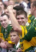 26 September 2004; Kerry's Eamon Fitzmaurice and Seamus Moynihan, left, celebrate after victory over Mayo. Bank of Ireland All-Ireland Senior Football Championship Final, Kerry v Mayo, Croke Park, Dublin. Picture credit; Brendan Moran / SPORTSFILE *** Local Caption *** Any photograph taken by SPORTSFILE during, or in connection with, the 2004 Bank of Ireland All-Ireland Senior Football Final which displays GAA logos or contains an image or part of an image of any GAA intellectual property, or, which contains images of a GAA player/players in their playing uniforms, may only be used for editorial and non-advertising purposes.  Use of photographs for advertising, as posters or for purchase separately is strictly prohibited unless prior written approval has been obtained from the Gaelic Athletic Association.