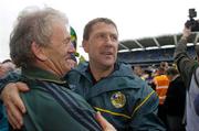26 September 2004; Kerry manager Jack O'Connor, right, and selector Ger O'Keeffe celebrate after victory over Mayo. Bank of Ireland All-Ireland Senior Football Championship Final, Kerry v Mayo, Croke Park, Dublin. Picture credit; Brendan Moran / SPORTSFILE *** Local Caption *** Any photograph taken by SPORTSFILE during, or in connection with, the 2004 Bank of Ireland All-Ireland Senior Football Final which displays GAA logos or contains an image or part of an image of any GAA intellectual property, or, which contains images of a GAA player/players in their playing uniforms, may only be used for editorial and non-advertising purposes.  Use of photographs for advertising, as posters or for purchase separately is strictly prohibited unless prior written approval has been obtained from the Gaelic Athletic Association.