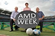 19 September 2013; Highlighting the message that Age-related Macular Degeneration (AMD) affects 1 in 10 Irish people over the age of 50, noted sporting personalities, most of whom have played a ‘number 10’ position across a range of sports, came together to launch AMD Awareness Week at Croke Park Stadium. AMD Awareness Week runs from 23rd- 29th of September to promote early detection of the signs of the eye condition AMD, the most common cause of registered blindness in Ireland. For further information visit www.amd.ie. Pictured are former Dublin footballer Barney Rock, left, former Monaghan ladies footballer Brenda McAnespie and former Irish rugby player Tony Ward. Croke Park, Dublin. Picture credit: Barry Cregg / SPORTSFILE