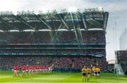 28 September 2013; The Cork and Clare teams walk behind the Artane School of Music Band during the pre-match parade. GAA Hurling All-Ireland Senior Championship Final Replay, Cork v Clare, Croke Park, Dublin. Picture credit: Brendan Moran / SPORTSFILE
