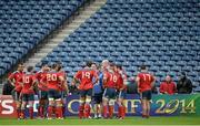 12 October 2013; The Munster team stand together awaiting the decision of the TMO on a try by Edinburgh's Tim Visser, which was subsequently awarded. Heineken Cup 2013/14, Pool 6, Round 1, Edinburgh v Munster, Murrayfield, Edinburgh, Scotland.  Picture credit: Brendan Moran / SPORTSFILE