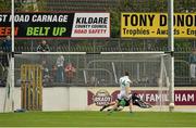 13 October 2013; Patrick O'Sullivan, Sarsfields, saves a penalty from Ronan Sweeney, Moorefield. Kildare County Senior Club Football Championship Final, Sarsfields v Moorefield, St Conleth's Park, Newbridge, Co. Kildare. Picture credit: Barry Cregg / SPORTSFILE