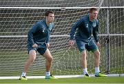 13 October 2013; Republic of Ireland's Seamus Coleman, left, and James McCarthy test their goalkeeping skills during squad training ahead of their 2014 FIFA World Cup Qualifier, Group C, game against Kazakhstan on Tuesday. Republic of Ireland Squad Training, Gannon Park, Malahide, Co. Dublin. Picture credit: Stephen McCarthy / SPORTSFILE