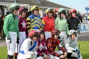 14 October 2013; Jockeys before competing in the 'Rite of Passage' Britain v Ireland Riders Challenge Maiden Hurdle at the Limerick Charity Race Day for the jockeys emergency fund. Limerick Racecourse, Greenmount Park, Co. Limerick. Picture credit: Diarmuid Greene / SPORTSFILE
