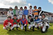 14 October 2013; Jockeys pose for a group picture before going out in the Betfair Cash Out Flat & National Hunt Champion Jockeys Handicap at the Limerick Charity Race Day for the jockeys emergency fund. Limerick Racecourse, Greenmount Park, Co. Limerick. Picture credit: Diarmuid Greene / SPORTSFILE