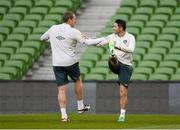 14 October 2013; Republic of Ireland's Richard Dunne, left, and Robbie Keane during squad training ahead of their 2014 FIFA World Cup Qualifier, Group C, game against Kazakhstan on Tuesday. Republic of Ireland Squad Training, Aviva Stadium, Lansdowne Road, Dublin. Picture credit: David Maher / SPORTSFILE
