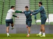 14 October 2013; Republic of Ireland players, from left to right, Andy Reid, Wes Hoolahan and John O'Shea during squad training ahead of their 2014 FIFA World Cup Qualifier, Group C, game against Kazakhstan on Tuesday. Republic of Ireland Squad Training, Aviva Stadium, Lansdowne Road, Dublin. Picture credit: David Maher / SPORTSFILE